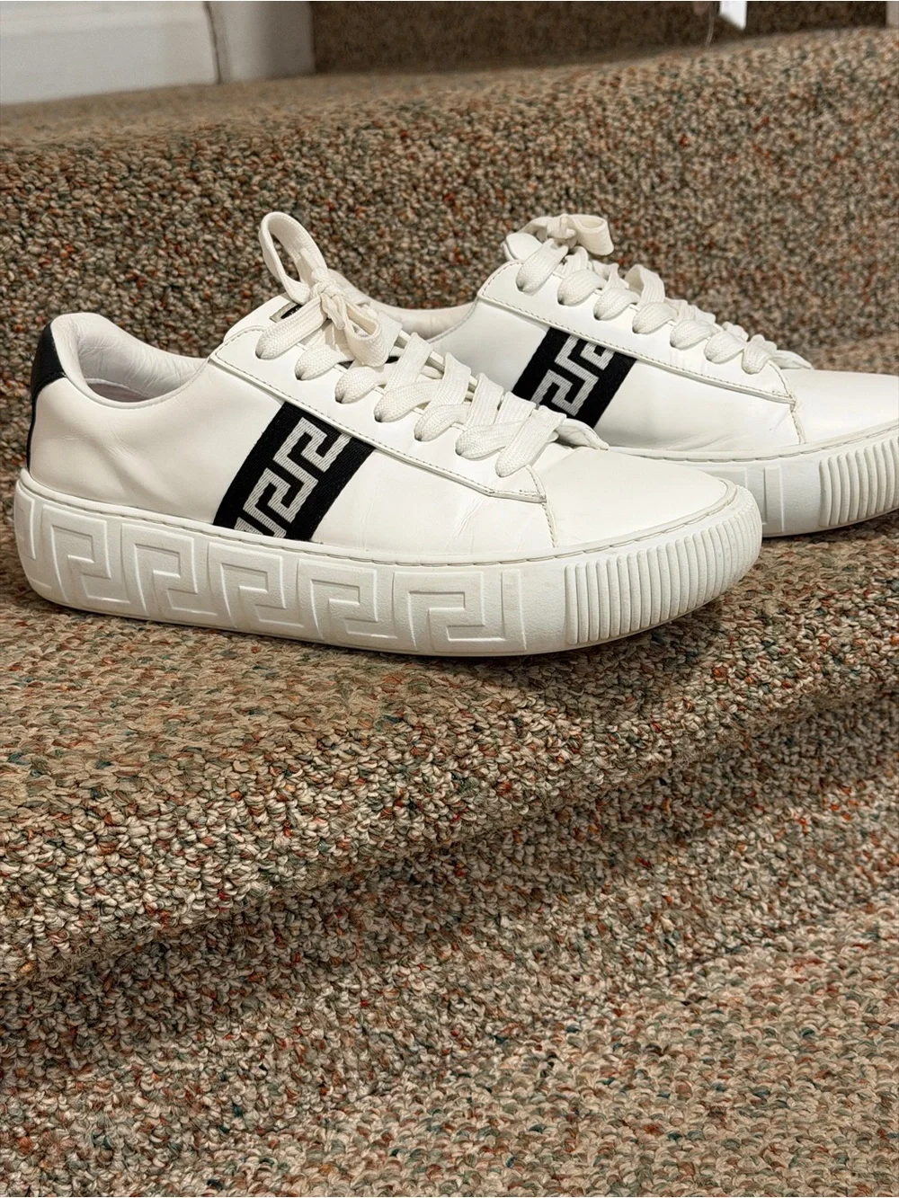 Authentic Versace White Leather Low-Top Sneakers with Black Greek Key Stripe